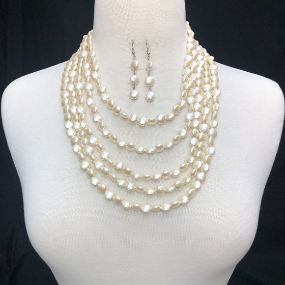 Layered Coin Pearl Long Necklace Earrings Set - Picture 1 of 2